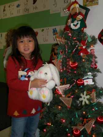 Kasen and Bunny by the class tree